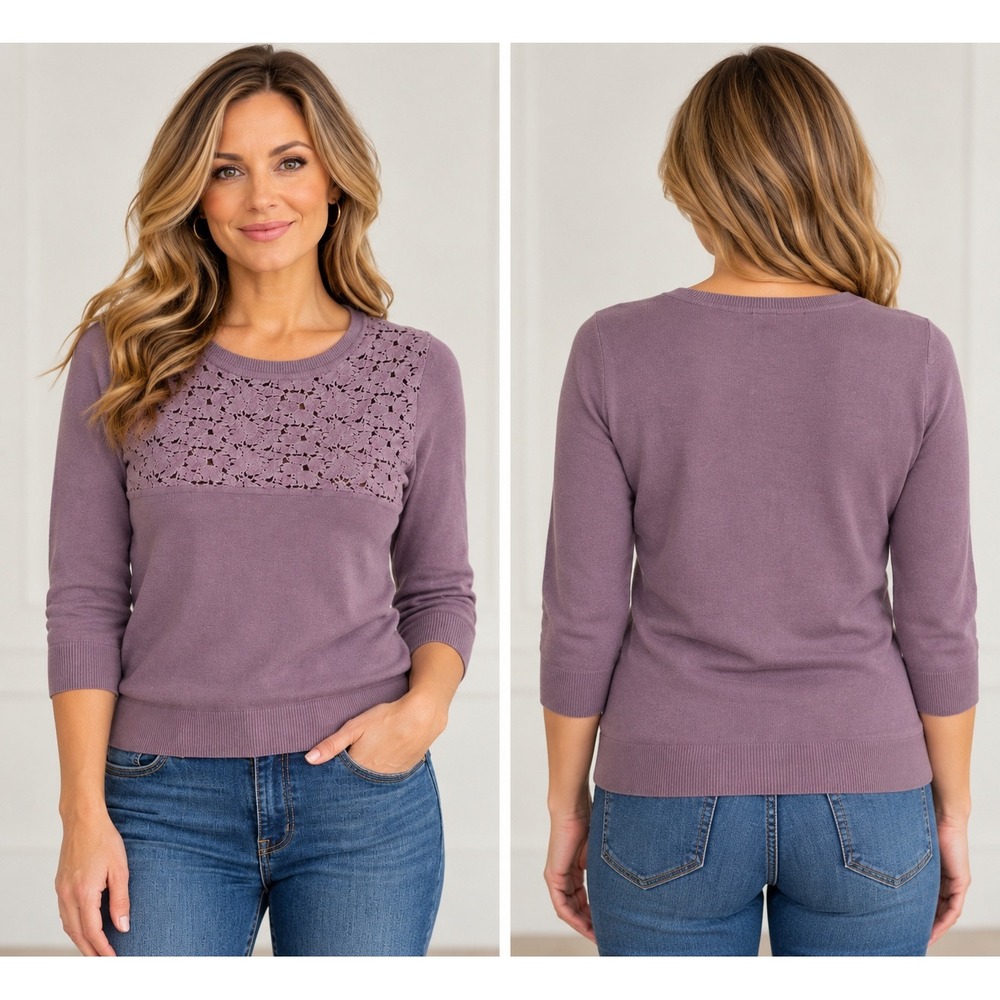 J.Crew Merino Wool Purple Lace Cutout 3/4 Sleeve Sweater M | Quiet Luxury